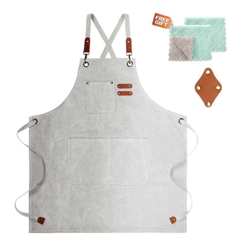 ZOMAO White Chef Aprons for Men Women with Large Pockets Cotton Canvas Cross Back Apron Kitchen Cooking Baking Bib Heavy Duty Adjustable Work Apron - Image 2