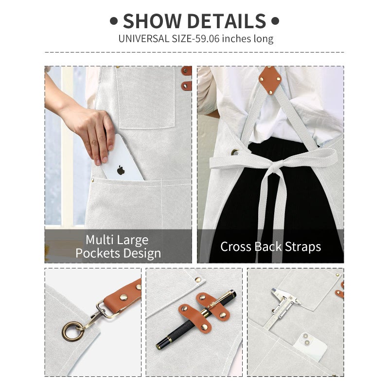 ZOMAO White Chef Aprons for Men Women with Large Pockets Cotton Canvas Cross Back Apron Kitchen Cooking Baking Bib Heavy Duty Adjustable Work Apron - Image 5
