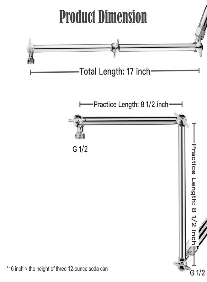 Singing Rain Shower Head Extension Arm, 16'' Solid Brass Extension Extra Long Extender With Locking Set Screw, Rise or Lower Angle Height Adjustable, G1/2 Universal Connector Compatible (Chrome) - Image 5