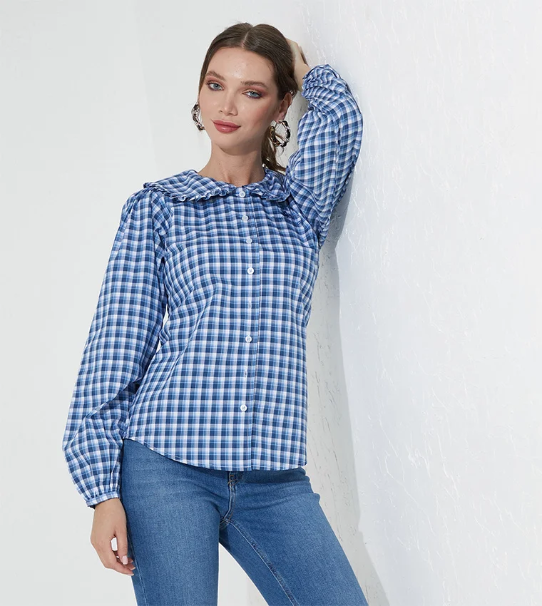 Pretty Plaid Ruffle Neck Top