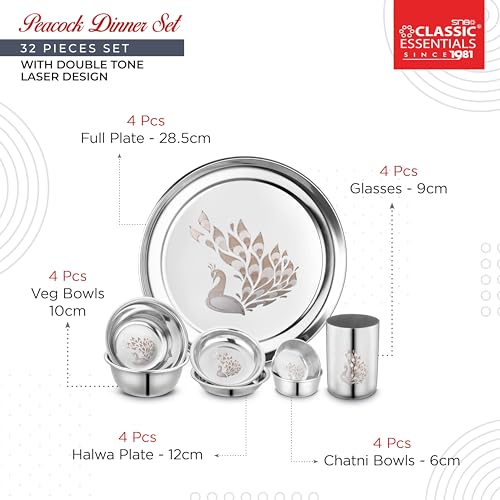 Classic Essentials Stainless Steel Dinner Set|Serves 4 People|Heavy Gauge|Kitchen Set|Permanent Laser-Peacock, Set of 32 - Image 2