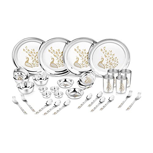 Classic Essentials Stainless Steel Dinner Set|Serves 4 People|Heavy Gauge|Kitchen Set|Permanent Laser-Peacock, Set of 32 - Image 1