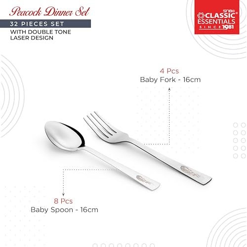Classic Essentials Stainless Steel Dinner Set|Serves 4 People|Heavy Gauge|Kitchen Set|Permanent Laser-Peacock, Set of 32 - Image 3
