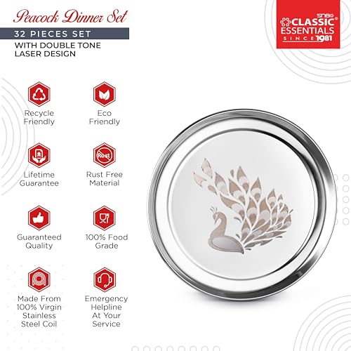 Classic Essentials Stainless Steel Dinner Set|Serves 4 People|Heavy Gauge|Kitchen Set|Permanent Laser-Peacock, Set of 32 - Image 4