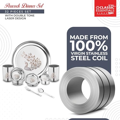 Classic Essentials Stainless Steel Dinner Set|Serves 4 People|Heavy Gauge|Kitchen Set|Permanent Laser-Peacock, Set of 32 - Image 5