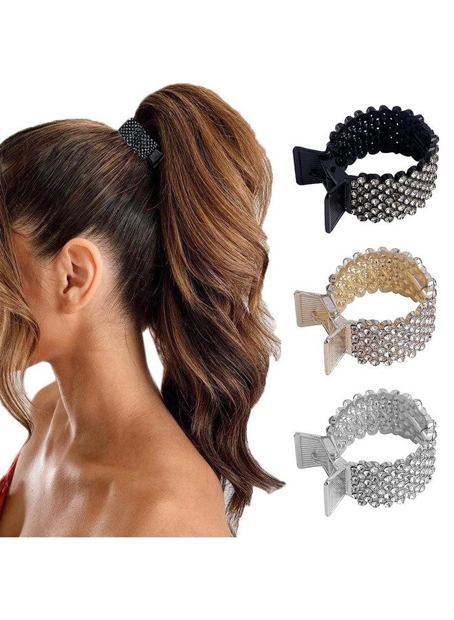 PALAY® 3Pcs Hair Claw Clips for High Ponytail, Small Metal Rhinestone Hair Clips Ponytail Holder Buckle for Thick Long Hair, Decorative Hair Accessories for Women Girls (Black+Gold+Silver) - Image 1