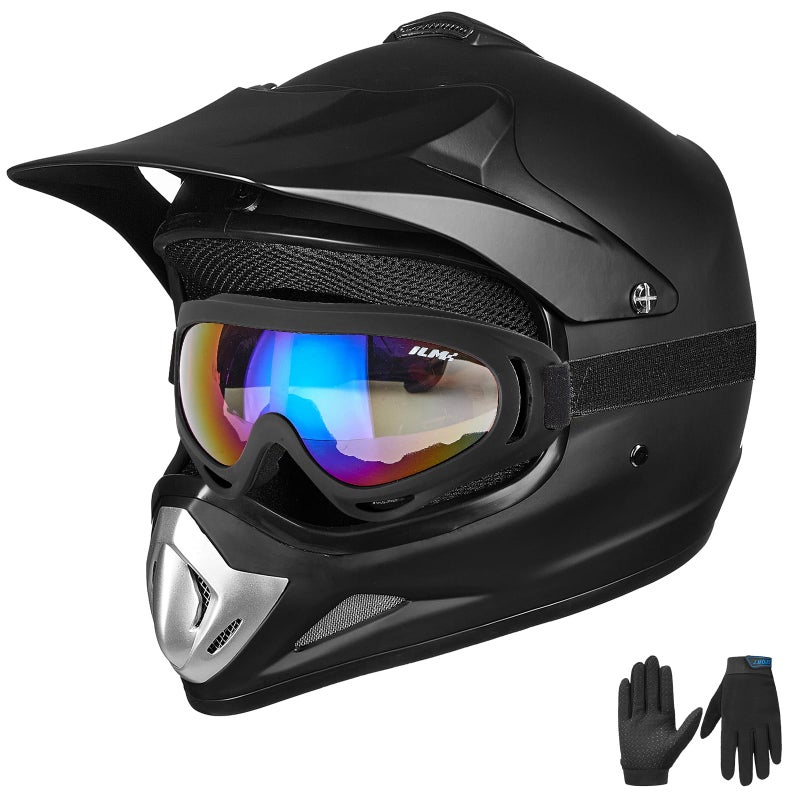 ILM Youth Kids Dirt Bike Helmet ATV Motocross DOT OffRoad Street Helmet Goggles Gloves Full Face Protective Helmet Model BLD818Matte BlackYouthXLarge