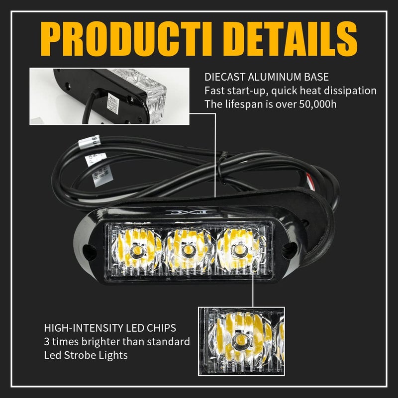 FXC (2PCS 3-LED Strobe Lights Amber Waterproof Emergency Beacon Flash Lights,Purishion Caution Bar 12 Different Flashing Car SUV Pickup Truck Van - Image 4
