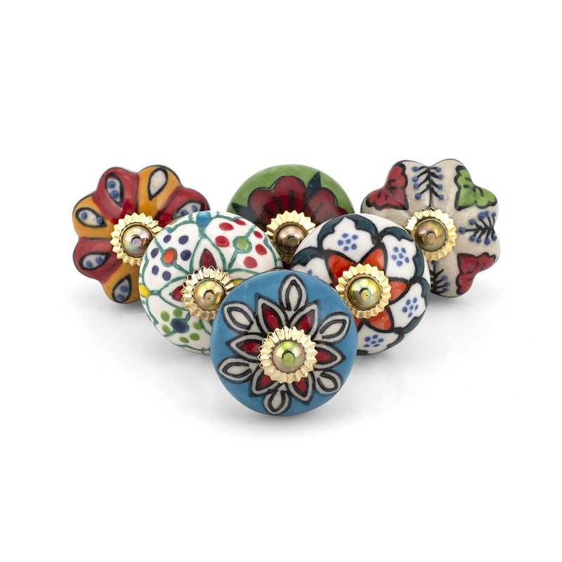 Craft Trade Ceramic Cabinet Drawer Knobs Decorative Kitchen Cabinet Hardware Cupboard Dresser Knobs Handcrafted Furniture Pull Handles Round Design Colorful Set of 6 - Image 2