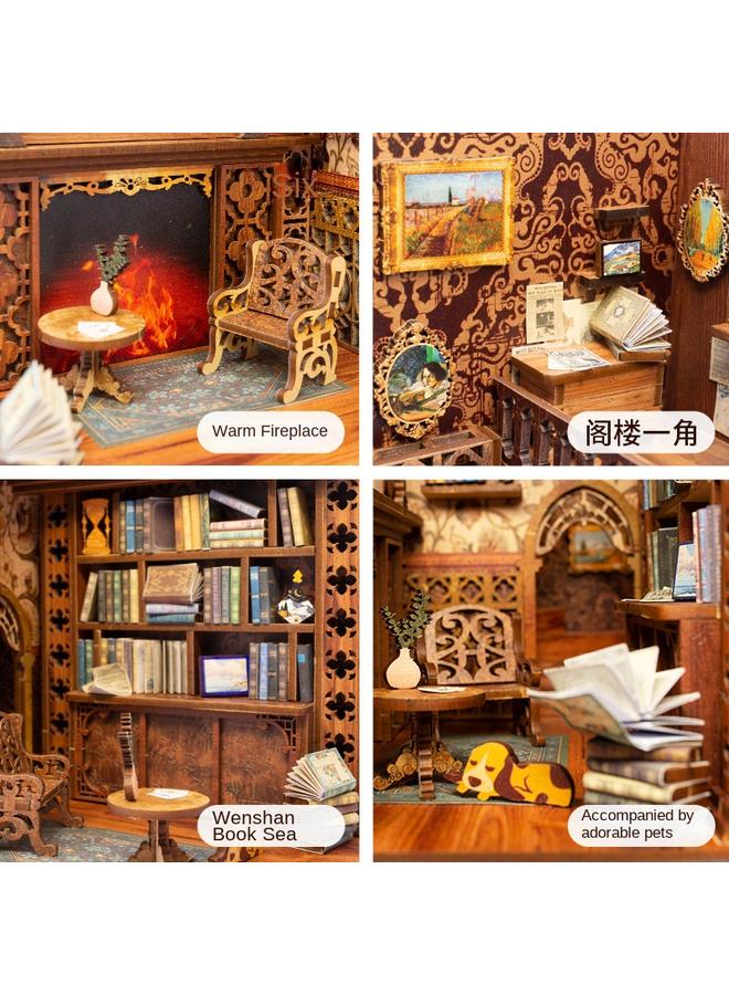 الأزرق جي دبليو Eternal Bookstore diy خشبي ثلاثي الأبعاد ثلاثي الأبعاد ، نموذج كتاب مجمَّع يدويًا ، لعبة وهدايا رائعة - Image 3