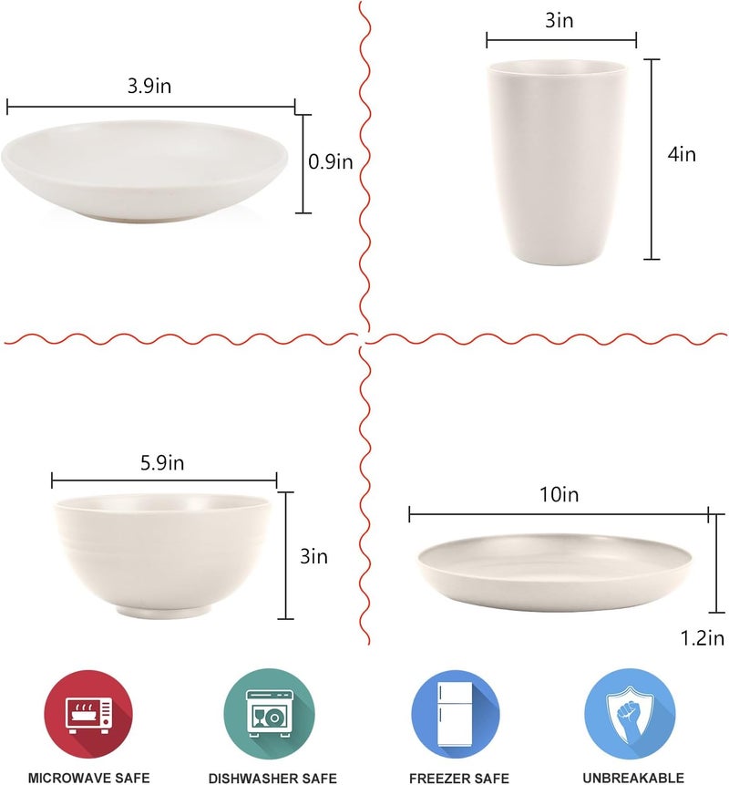 Wrova Wheat straw dinnerware sets  28 Pieces dish sets service for 4  Lightweight and Unbreakable Plates and Bowls Sets for Travelling and CampingWhite - Image 2