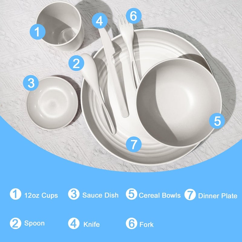 Wrova Wheat straw dinnerware sets  28 Pieces dish sets service for 4  Lightweight and Unbreakable Plates and Bowls Sets for Travelling and CampingWhite - Image 3