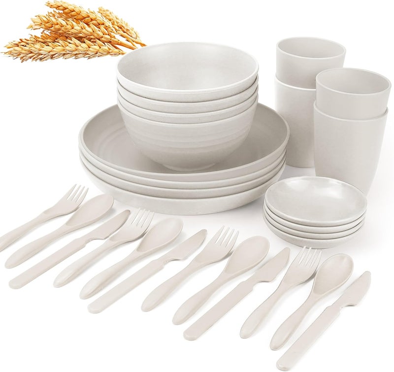 Wrova Wheat straw dinnerware sets  28 Pieces dish sets service for 4  Lightweight and Unbreakable Plates and Bowls Sets for Travelling and CampingWhite - Image 1