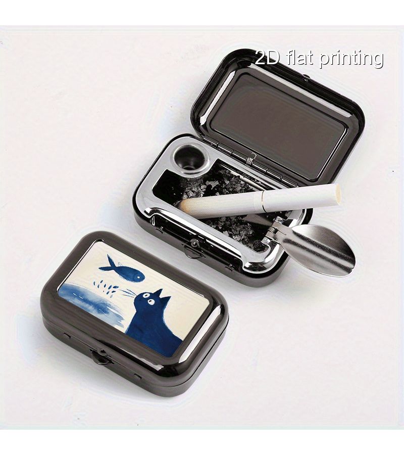 Blue Greedy Cat Small Square Metal Box for Cigarettes, Men Outdoor Pocket - Image 1