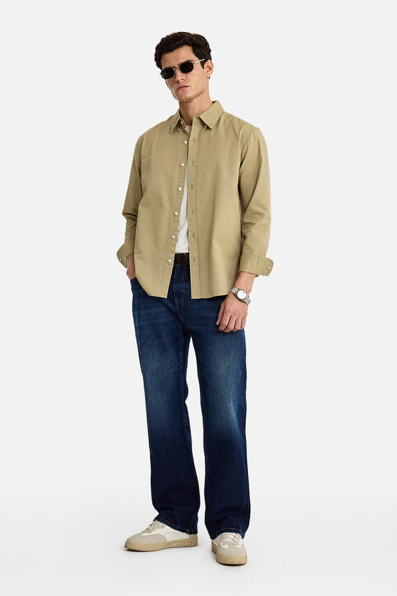 SNITCH Khaki Solid Long Sleeve Regular Fit Shirt