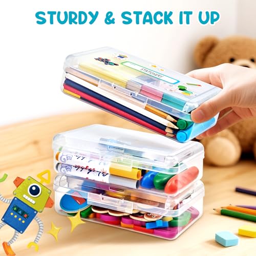 GAMENOTE Plastic Pencil Box with Personalized Sticker,Kids Large Hard Pencil Case with Snap-tight Lid,Clear Crayon Maker Organizer,Small Art Craft Storage Containers,School Supplies Box for Boys,Girls - Image 5