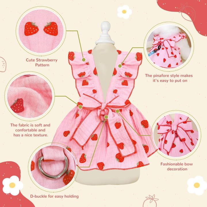SWIUKPHE Gulf popular simple design Strawberry Dog Birthday Outfit Puppy Clothes, Dog Dresses for Small Dogs Female Clothes Cat Clothes Cat Dress Cute Cotton Extra Small Summer Clothes Bow Decor Printed Shock rubber edge - Image 5