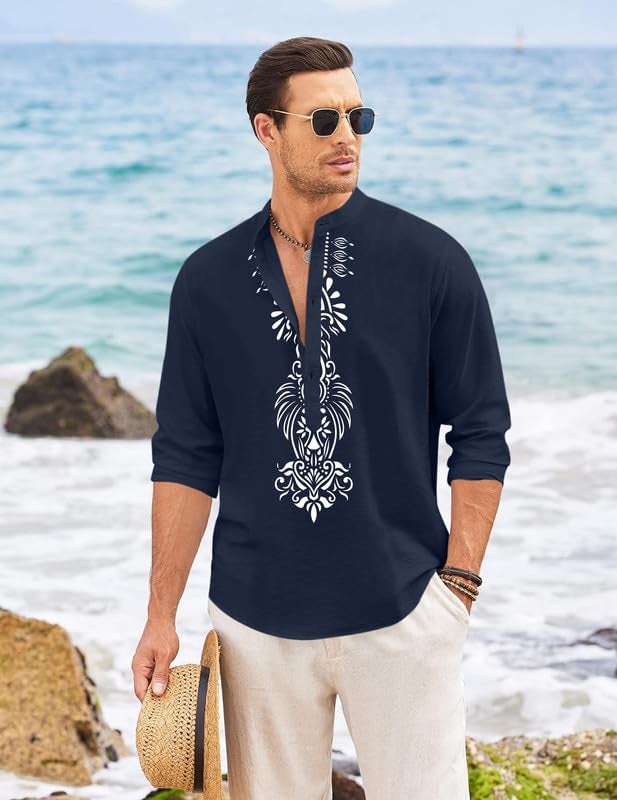 FINIVO FASHION Men’s Cotton Blend Short Kurta with Bold Printed Front Design | Full Sleeve Ethnic Casual Kurta with Mandarin Collar | Artistic Festival & Travel Wear for Modern Ethnic Style Navy - Image 3