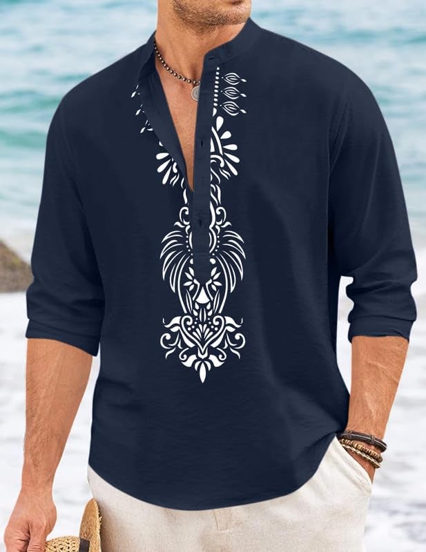 FINIVO FASHION Men’s Cotton Blend Short Kurta with Bold Printed Front Design | Full Sleeve Ethnic Casual Kurta with Mandarin Collar | Artistic Festival & Travel Wear for Modern Ethnic Style Navy - Image 4