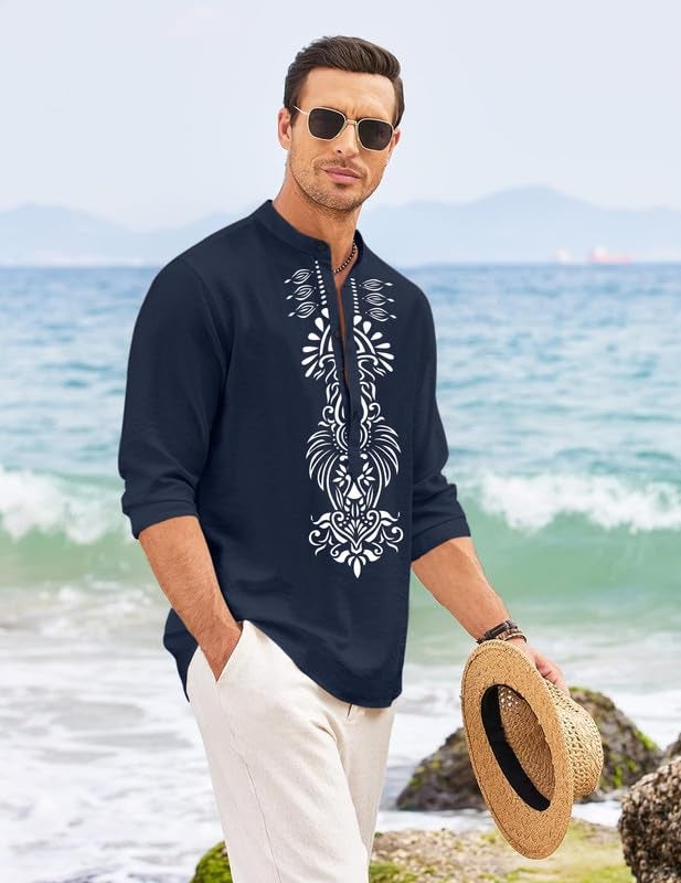 FINIVO FASHION Men’s Cotton Blend Short Kurta with Bold Printed Front Design | Full Sleeve Ethnic Casual Kurta with Mandarin Collar | Artistic Festival & Travel Wear for Modern Ethnic Style Navy - Image 2