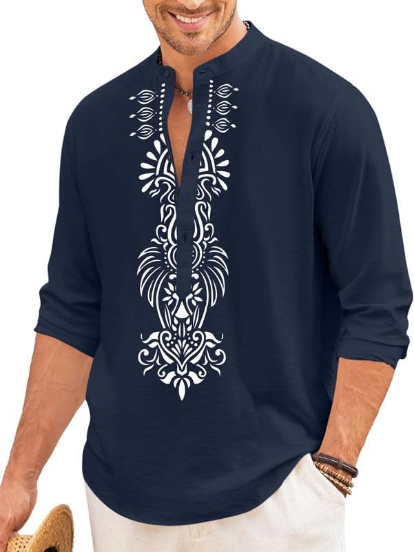 FINIVO FASHION Men’s Cotton Blend Short Kurta with Bold Printed Front Design | Full Sleeve Ethnic Casual Kurta with Mandarin Collar | Artistic Festival & Travel Wear for Modern Ethnic Style Navy - Image 1