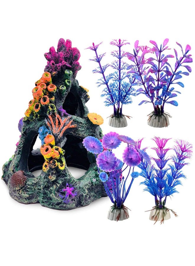 HAWAWA 5PCS Aquarium Colorful Coral Reef Set Fish Tank Decoration Mountain Ornament for Aquarium Environments Decor Accessories, Coral Mountain, Aquatic Plant - Image 1