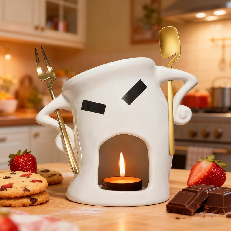 Thavgaf Ceramic Fondue Cup Set w/Built-In Fork & Spoon - Mini Chocolate/Cheese Fondue Mug | Microwave & Dishwasher Safe | Compact Gift-Ready (White) - Image 3