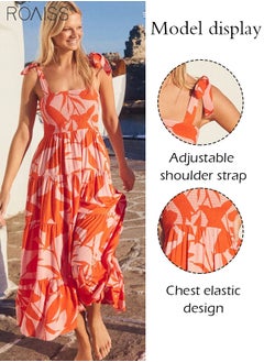 roaiss Fashion Printed Suspender Square Neck Midi Sleeveles Dress for Women's Daily Commuting and Vacation Adjustable Shoulder Strap Large Skirt  High-Rise Dress  - Image 2
