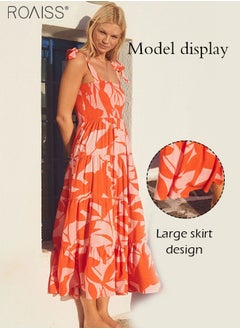 roaiss Fashion Printed Suspender Square Neck Midi Sleeveles Dress for Women's Daily Commuting and Vacation Adjustable Shoulder Strap Large Skirt  High-Rise Dress  - Image 4