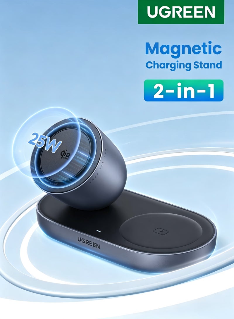 UGREEN Qi2 25W 2-in-1 Magsafe Wireless Charger Stand, Magnetic Fast Charging Station, Compatible for iPhone 17 16 15 14 13 12 Series, AirPods, for Home and Office Desk Use With 1M USB-C Cable 2 IN 1 25W - Image 1