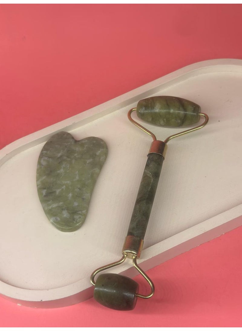 مجموعة أسطوانة رفع الوجه الطبيعية من اليشم وأدوات تدليك غوا شا - Image 1