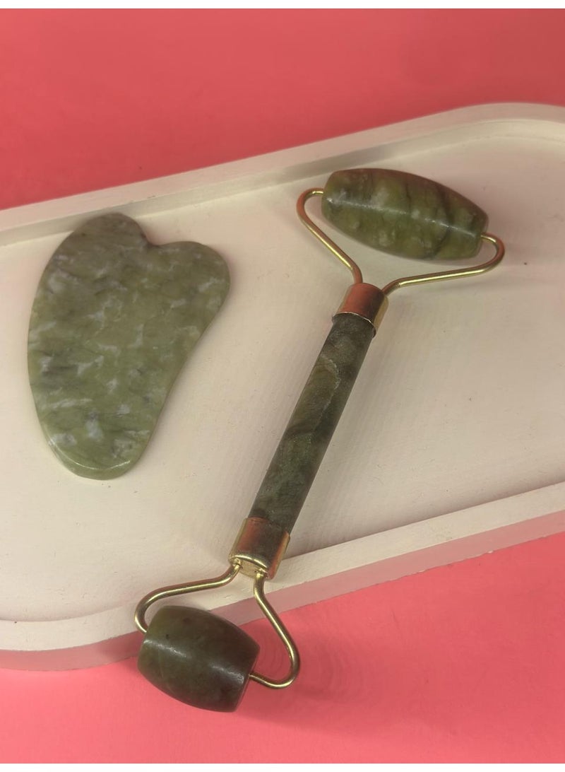 مجموعة أسطوانة رفع الوجه الطبيعية من اليشم وأدوات تدليك غوا شا - Image 3