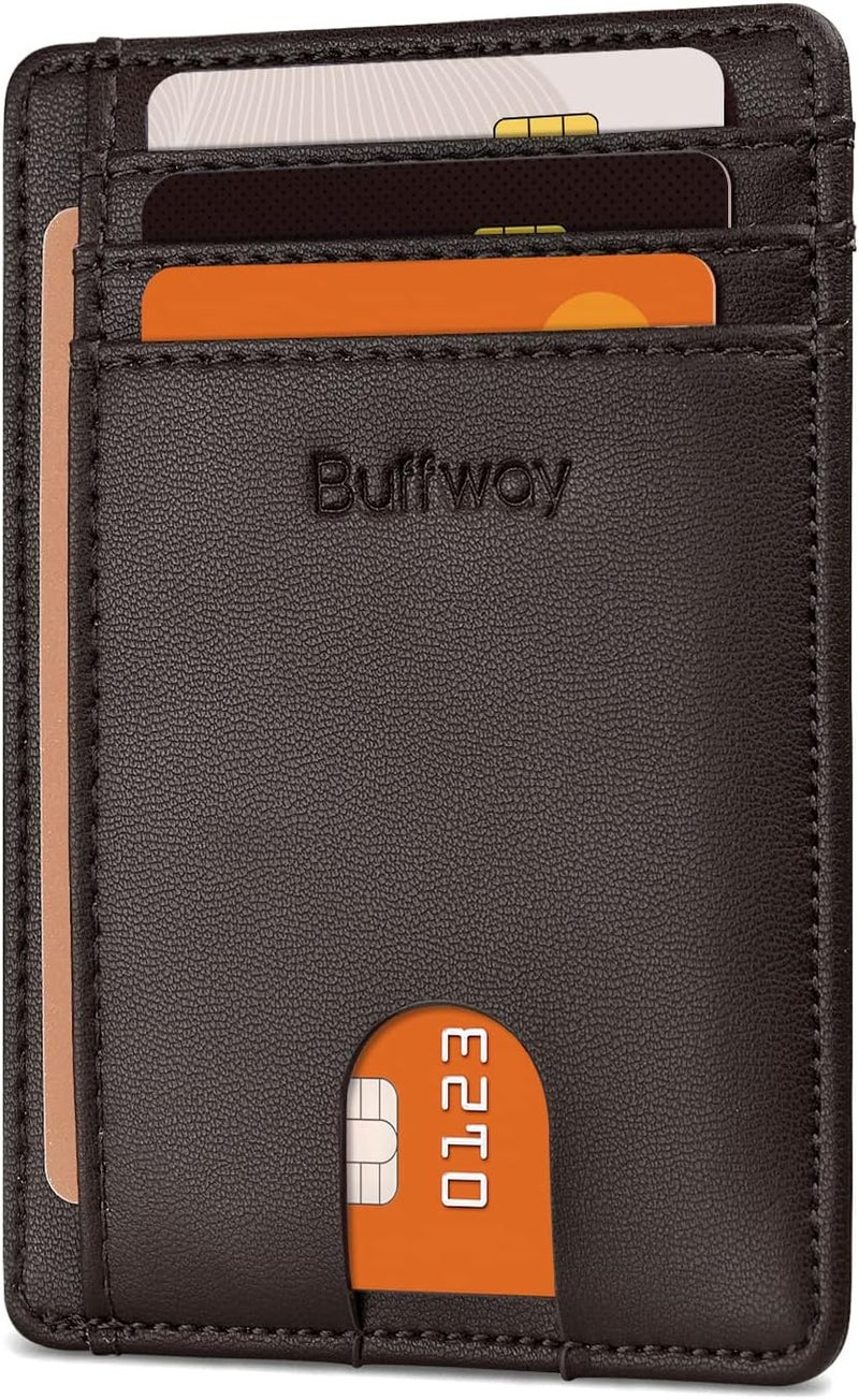 Buffway Slim Minimalist Front Pocket RFID Blocking Leather Wallets for Men and Women - Sand Chocolate - Image 1