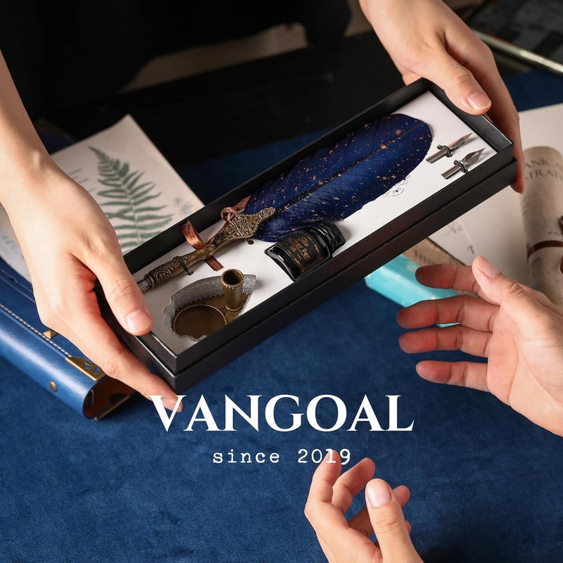 VANGOAL Vintage Carving Feather Pen Set, Glittering Quill Set Antique Calligraphy Writing Dip with Ink, 2 Replacement Nibs, Stand Base, Luxury Signature (Blue) - Image 4