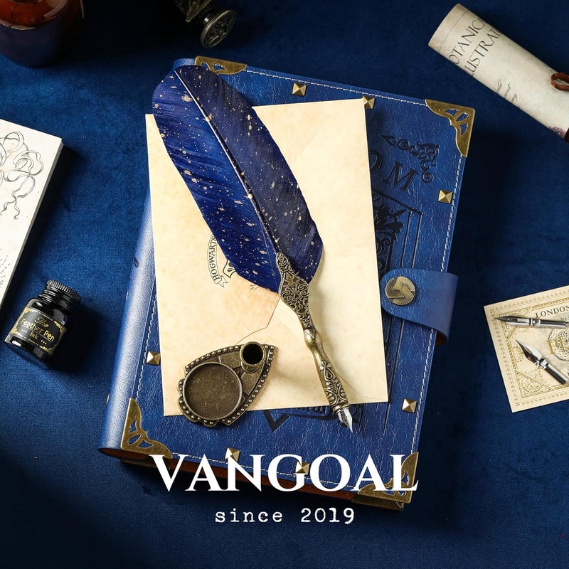 VANGOAL Vintage Carving Feather Pen Set, Glittering Quill Set Antique Calligraphy Writing Dip with Ink, 2 Replacement Nibs, Stand Base, Luxury Signature (Blue) - Image 3