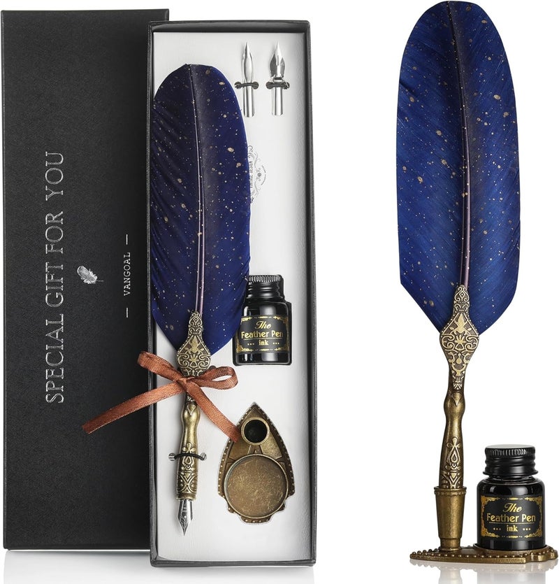 VANGOAL Vintage Carving Feather Pen Set, Glittering Quill Set Antique Calligraphy Writing Dip with Ink, 2 Replacement Nibs, Stand Base, Luxury Signature (Blue) - Image 1