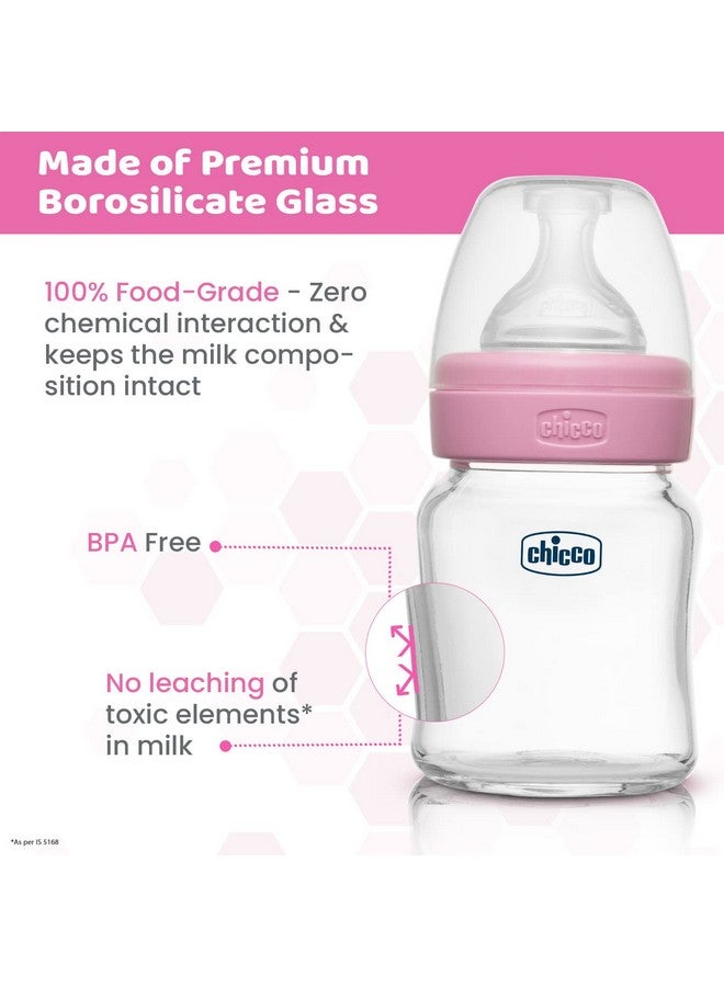 Chicco Chicco Well-Being Glass Feeding Bottle for Babies (120ml, Slow Flow) | Premium Borosilicate Glass for High Durability | Elongated Teat for Correct Latch | Comes with Anti-Spill Cap | BPA Free (Pink)  - Image 1