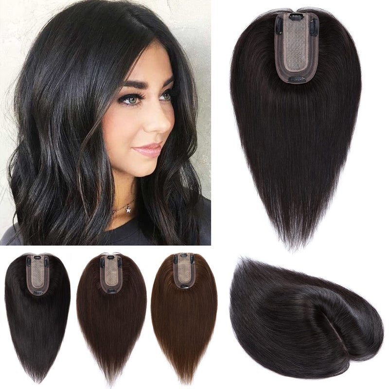 Snoilite Hair Toppers for Women with Thinning Hair 100 Real Human Hair Toppers No Bangs 7  13cm Silk Base Wiglet Hairpieces Clip in Hair Toppers for Women 12 inch 38g 1B Natural Black