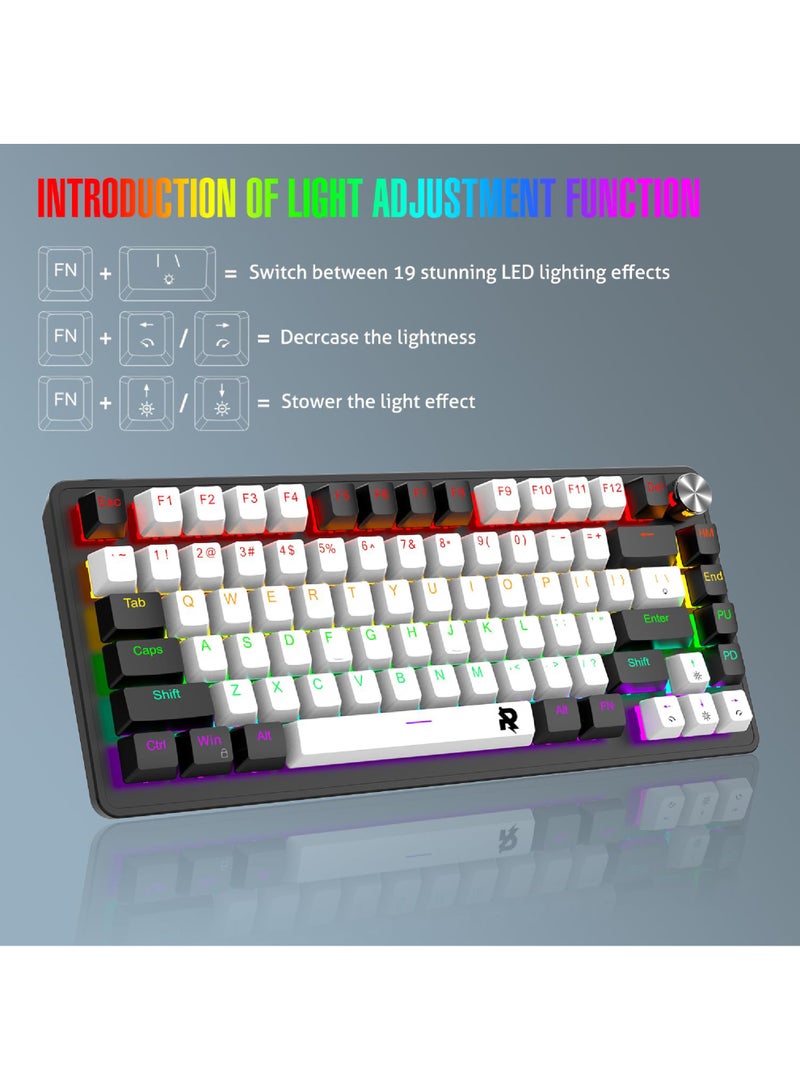 ROCK POW 70% PC Gaming Keyboard, 82 Keys Mechanical Keyboard with RGB Backlit 19 Modes,Volume Lighting Knob Wired Mini PBT Keycaps for PC Gaming and Working (Red Switch) White Black - Image 4
