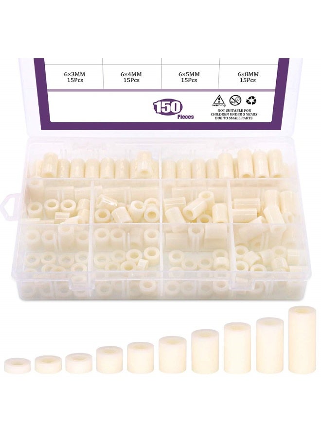150Pcs Nylon Round Spacer Standoff Screw Nut Assortment Kit, Nylon PA66 Plastic Standoff OD 11mm and ID 6.2mm Length 3mm 4mm 5mm 8mm 10mm 12mm 15mm 18mm 20mm 25mm for M6 Screws Prototyping - Image 1