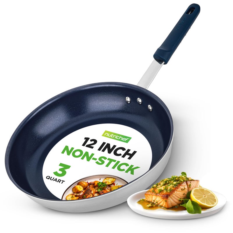 NutriChef f 12" Large Fry Pan - Large Skillet Nonstick Frying Pan with Silicone Handle, Ceramic Coating, Blue Silicone Handle, Stain-Resistant, And Easy To Clean, Professional Home Cookware - Image 1