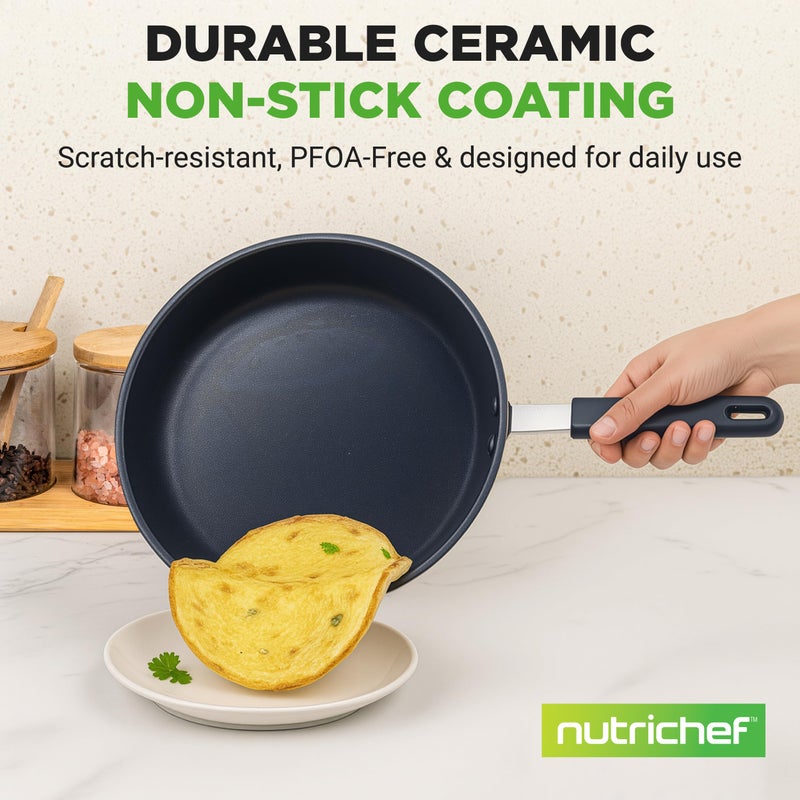 NutriChef f 12" Large Fry Pan - Large Skillet Nonstick Frying Pan with Silicone Handle, Ceramic Coating, Blue Silicone Handle, Stain-Resistant, And Easy To Clean, Professional Home Cookware - Image 3