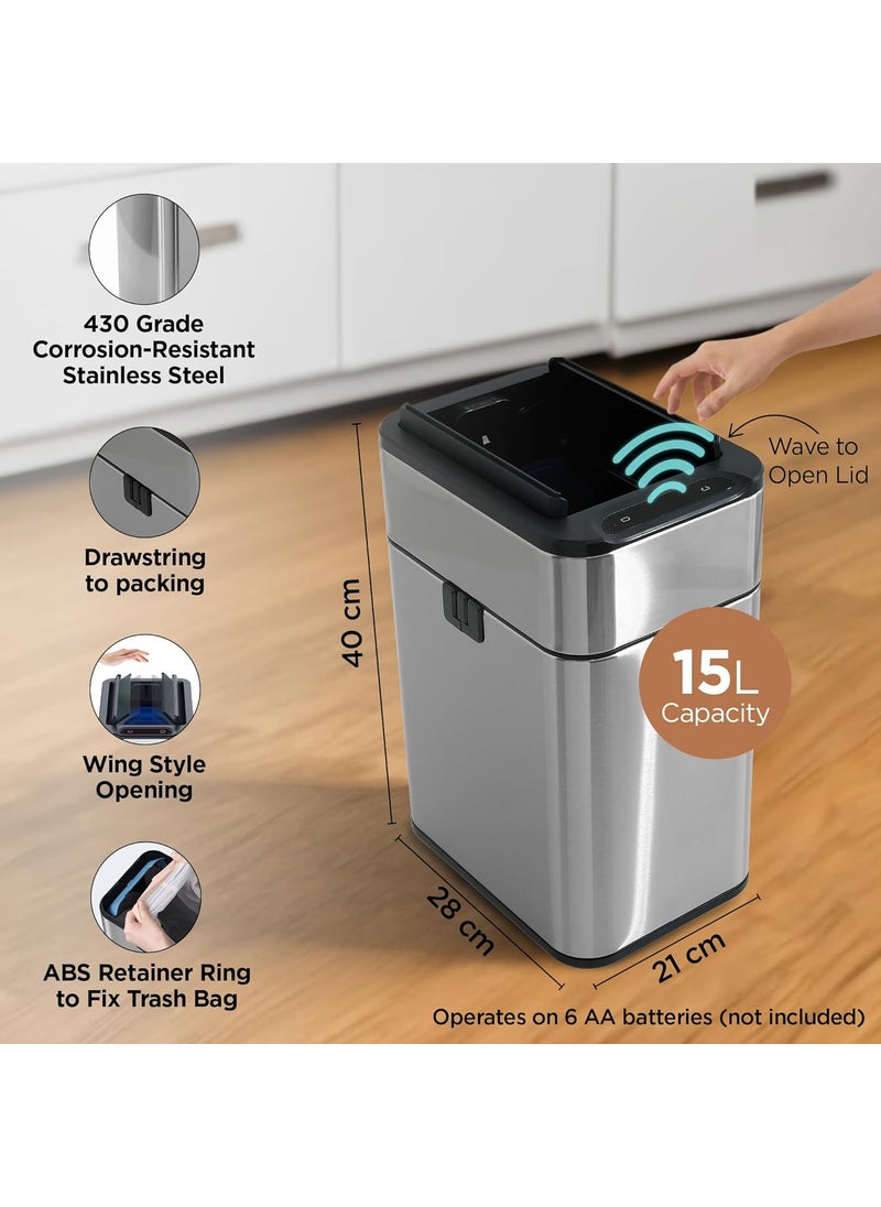 Umai UMAI 15L Stainless Steel Motion Sensor Dustbin For Kitchen Waterproof Garbage Bin for Home Garbage Bin For Office Big Dustbin Waste Bin For Bathroom Silver  - Image 4