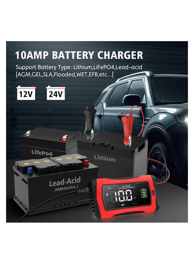 Battery Charger, Trickle Charger, 10-Amp 12V and 24V Smart Car Battery Charger, Battery Maintainer and Desulfator, for Car Motorcycle Lawn Mower..Lithium, LiFePO4, Lead Acid (AGM/Gel/SLA) - Image 2