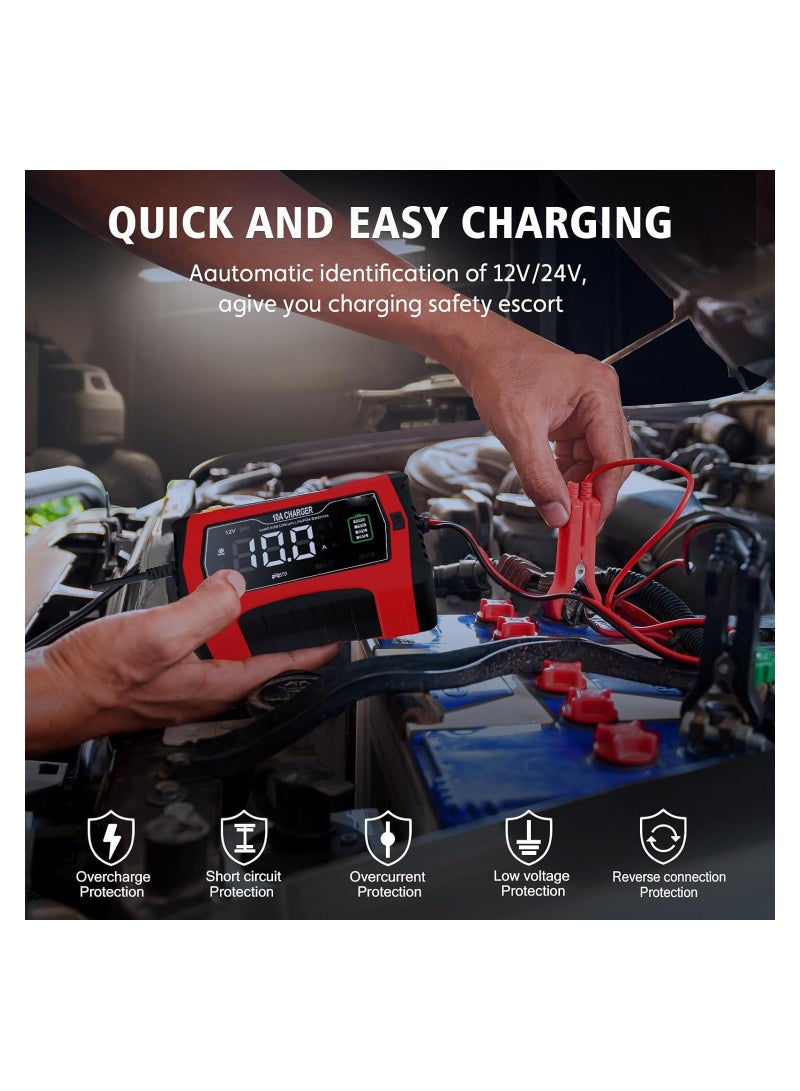 Battery Charger, Trickle Charger, 10-Amp 12V and 24V Smart Car Battery Charger, Battery Maintainer and Desulfator, for Car Motorcycle Lawn Mower..Lithium, LiFePO4, Lead Acid (AGM/Gel/SLA) - Image 3