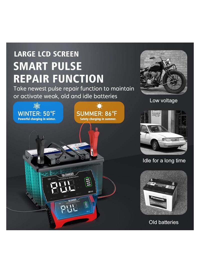 Battery Charger, Trickle Charger, 10-Amp 12V and 24V Smart Car Battery Charger, Battery Maintainer and Desulfator, for Car Motorcycle Lawn Mower..Lithium, LiFePO4, Lead Acid (AGM/Gel/SLA) - Image 4