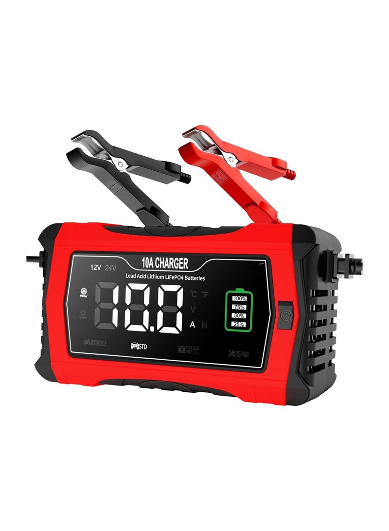Battery Charger, Trickle Charger, 10-Amp 12V and 24V Smart Car Battery Charger, Battery Maintainer and Desulfator, for Car Motorcycle Lawn Mower..Lithium, LiFePO4, Lead Acid (AGM/Gel/SLA) - Image 1