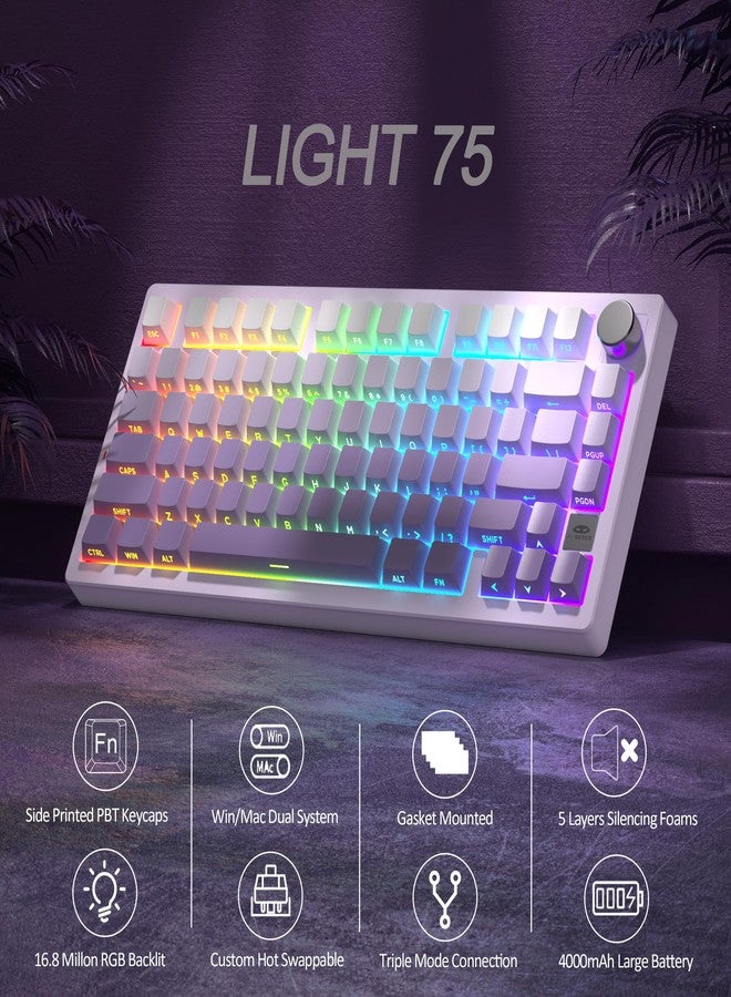 MageGee LIGHT75 Wireless Creamy Keyboard, Tri-Mode Bluetooth/2.4GHz/USB-C RGB Backlit, Gasket Hot Swappable Custom Gaming Keyboard for Win/Mac/PC, with Knob, Side Printed PBT Keycaps, Purple - Image 2