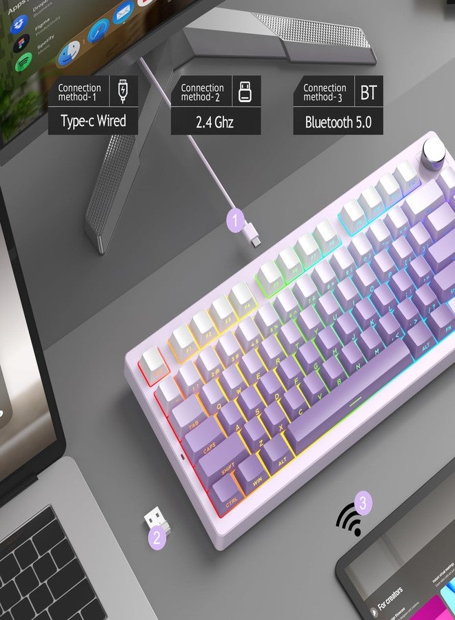 MageGee LIGHT75 Wireless Creamy Keyboard, Tri-Mode Bluetooth/2.4GHz/USB-C RGB Backlit, Gasket Hot Swappable Custom Gaming Keyboard for Win/Mac/PC, with Knob, Side Printed PBT Keycaps, Purple - Image 3