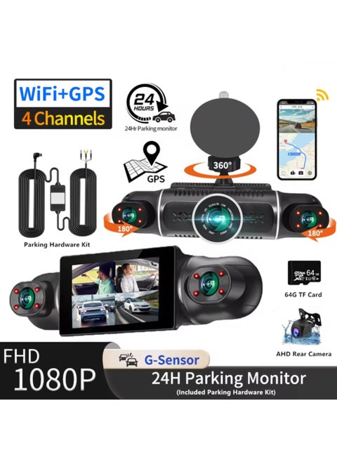 Dash Cam, 4 Channel FHD 1080P, 360° All-Around Car DVR System, Built-in WiFi and GPS, Adjustable Lens Dash Camera for Cars with Night Vision, G-Sensor, 24 Hours Parking Mode(Included 64G Card)